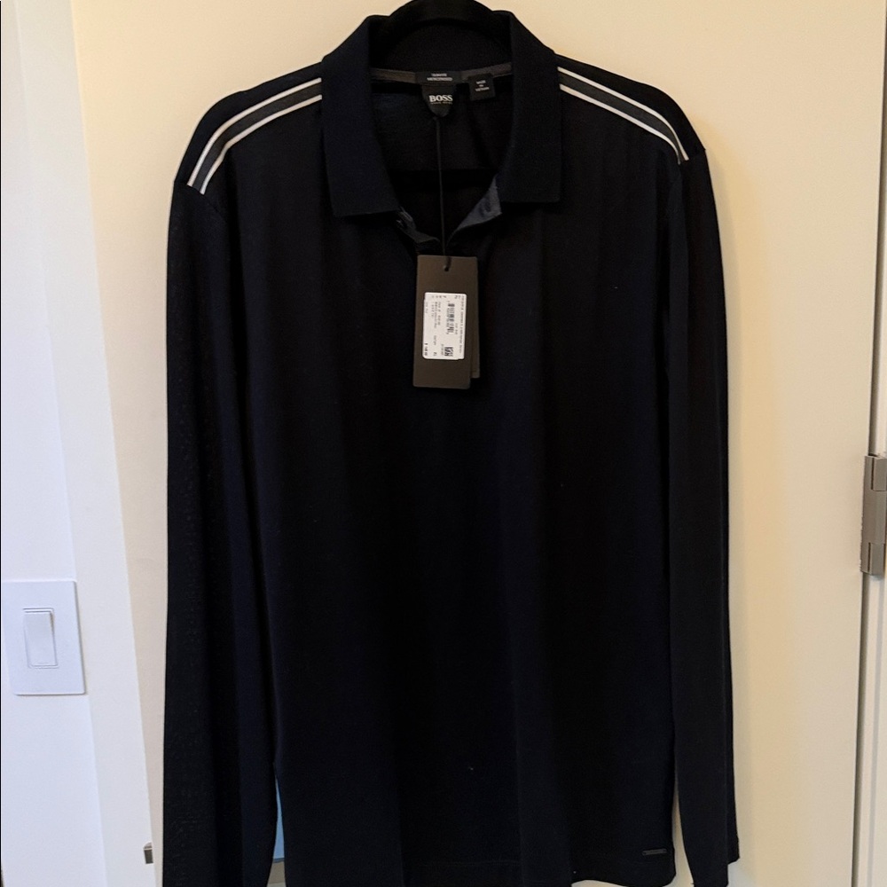 Hugo Boss black Long Sleeve Polo with White Stripes